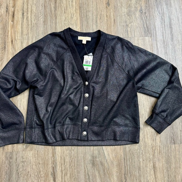 Michael by Michael Kors Metallic Grey Shimmery Button Up Sweater - Picture 9 of 9